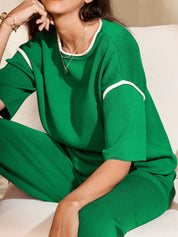 Contrast Trim T-Shirt and Drawstring Pants Set | Loungewear Sets Daverri Fashions