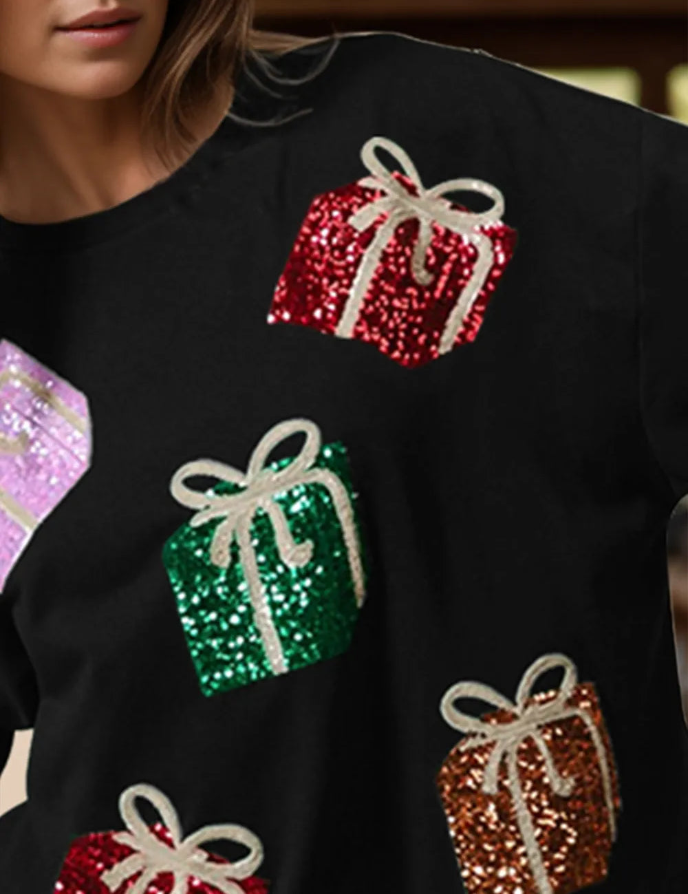 Sequin Gift Box Long Sleeve Sweatshirt | Sweatshirts Daverri Fashions