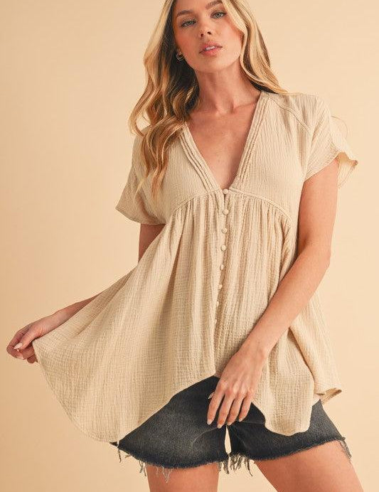 Oatmeal M Aemi + Co Tuck Detail V-Neck Short Sleeve Blouse | Blouses Daverri Fashions