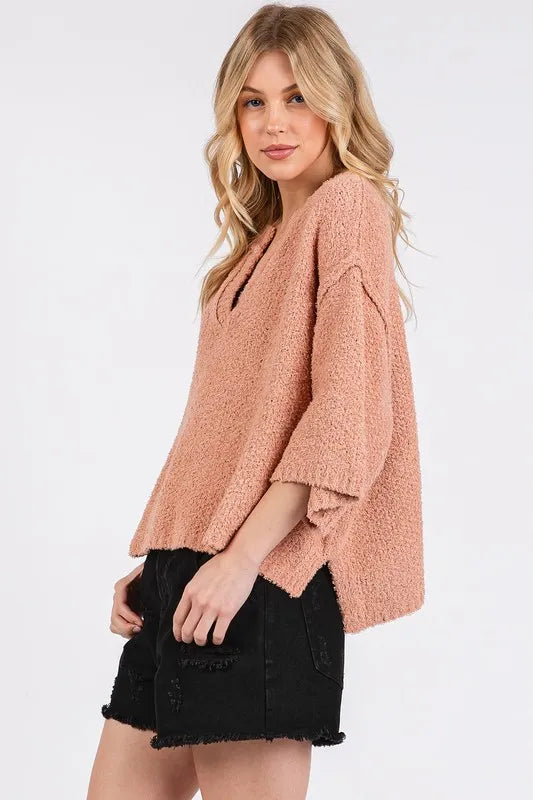 Mittoshop Side Slit Notched Drop Shoulder Sweater | Sweaters Daverri Fashions