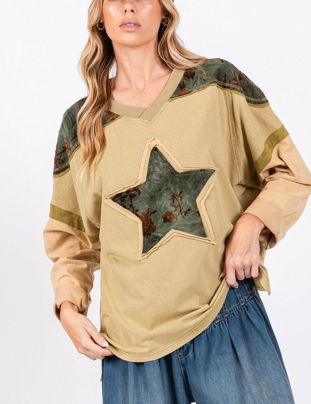 Olive SAGE + FIG Star Patch Long Sleeve Color Block T-Shirt | T-Shirts Daverri Fashions