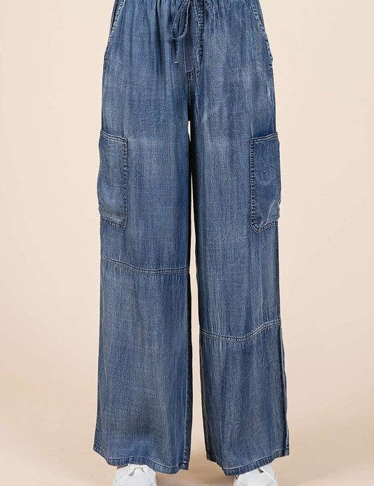 Medium S Mittoshop Washed Elastic Waist Cargo Wide Leg Pants | Cargo Pants Daverri Fashions
