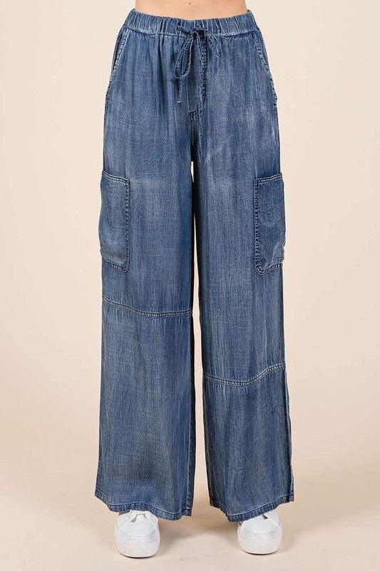 Medium S Mittoshop Washed Elastic Waist Cargo Wide Leg Pants | Cargo Pants Daverri Fashions