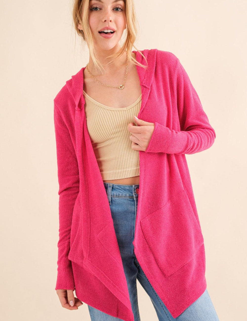 Fuchsia And The Why Full Size Thermal Hooded Open Front Cardigan with Pockets | Cardigans Daverri Fashions