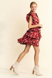 Davi & Dani Ruffle Flutter Sleeve Tie Belt Tiered Mini Dress | Mini Dresses Daverri Fashions