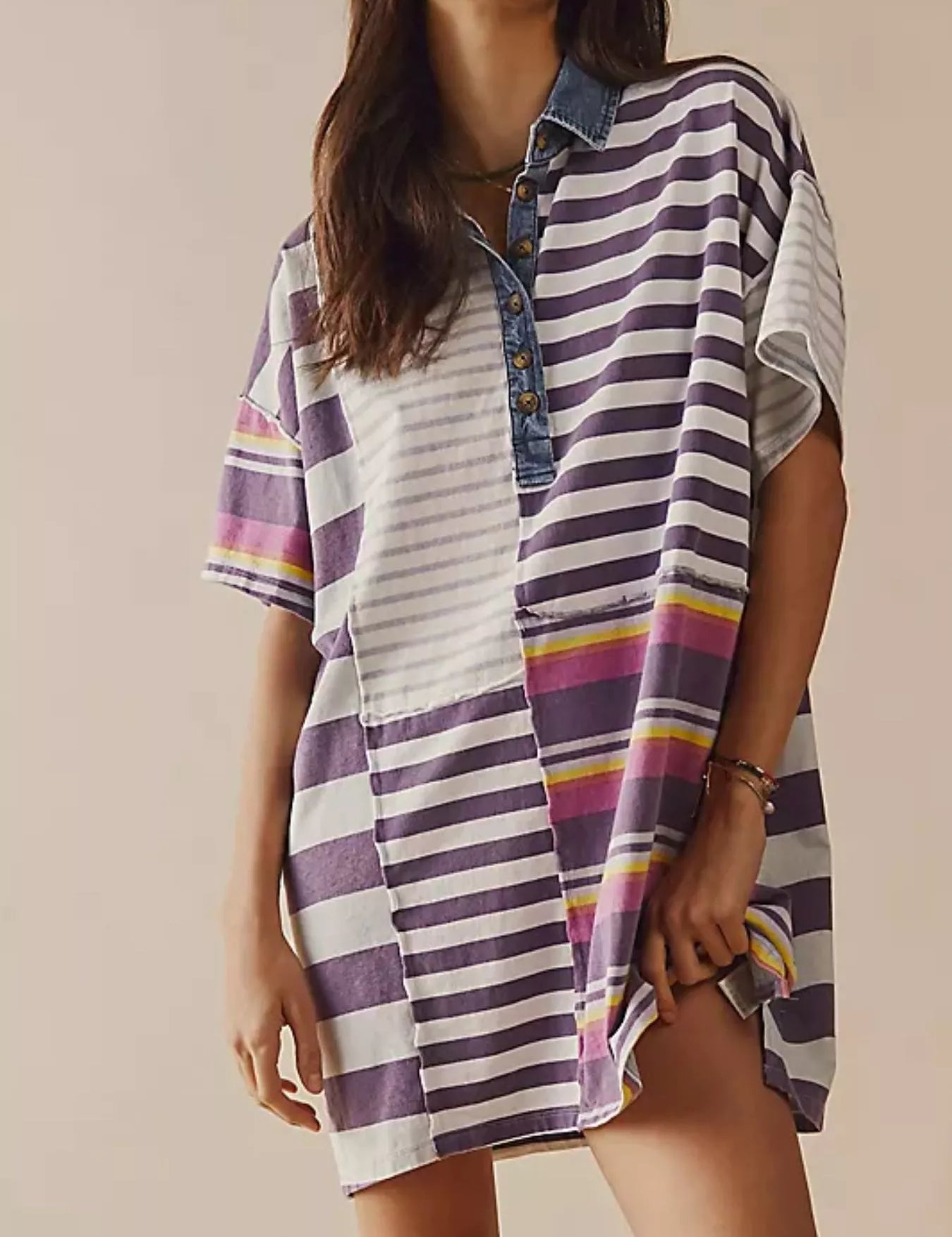 Lilac Stripes Striped Oversized Half Button Shirt Dress | Mini Dresses Daverri Fashions