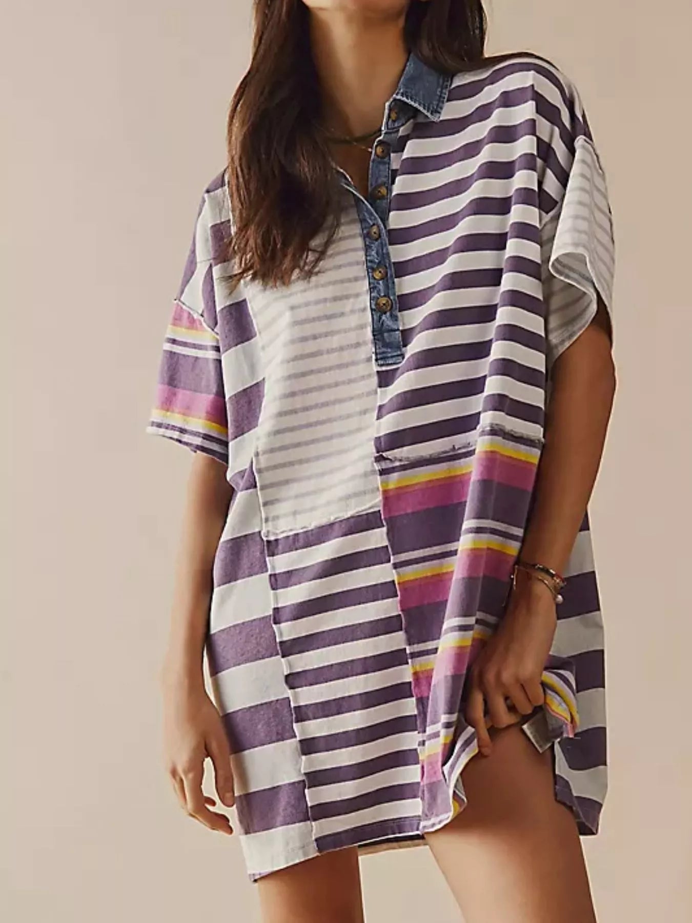 Lilac Stripes Striped Oversized Half Button Shirt Dress | Mini Dresses Daverri Fashions
