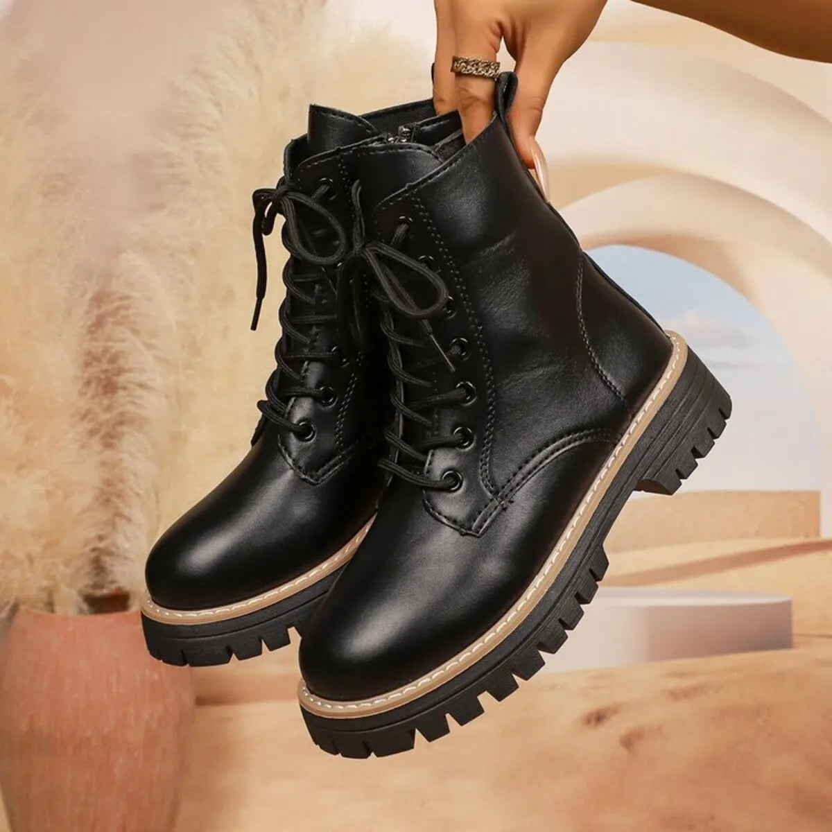 Black Lace Up Leather Combat Boots with Chunky Sole | Boots Daverri Fashions