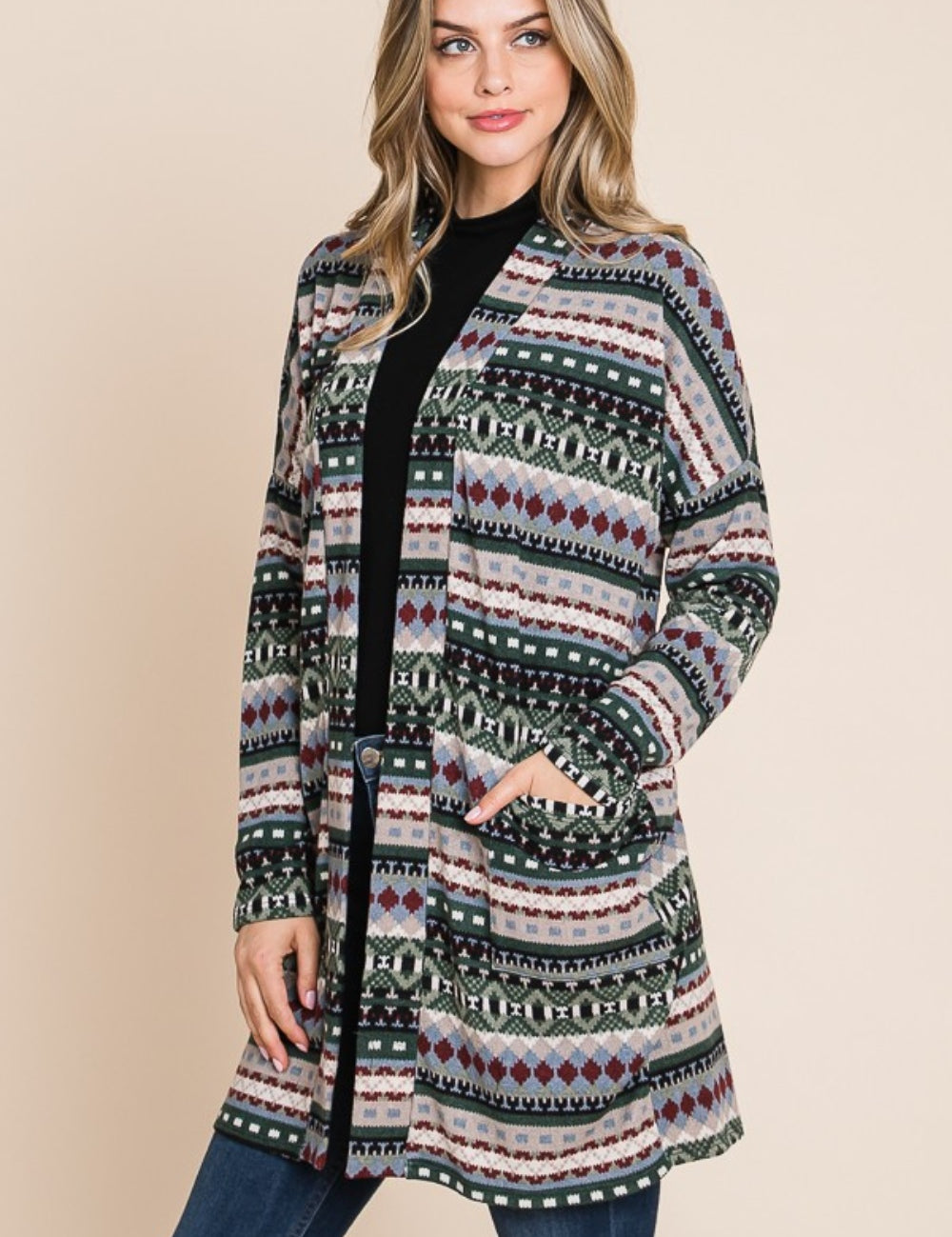 BOMBOM Geometric Open Front Long Sleeve Cardigan with Pockets | Daverri Fashions