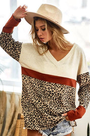 BiBi Waffle Knit Leopard Color Block V-Neck Top | Tops Daverri Fashions