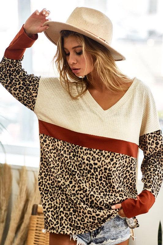 BiBi Waffle Knit Leopard Color Block V-Neck Top | Tops Daverri Fashions