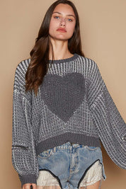 POL Round Neck Heart Patch Zipper Point Sleeve Sweater L | Sweaters Daverri Fashions