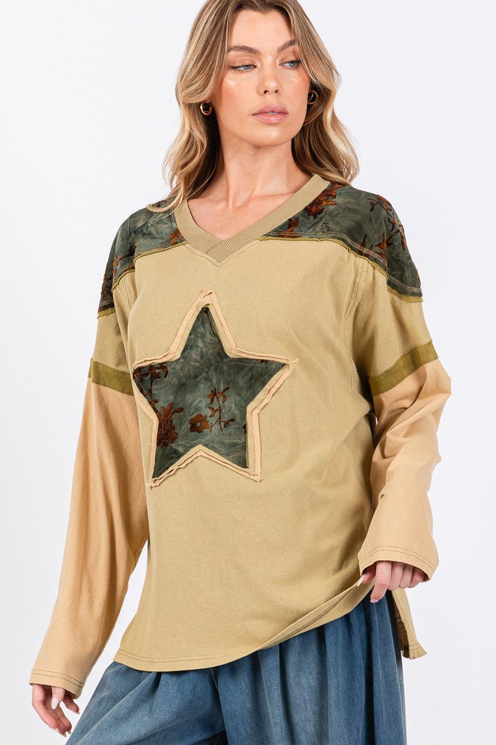 SAGE + FIG Star Patch Long Sleeve Color Block T-Shirt | T-Shirts Daverri Fashions