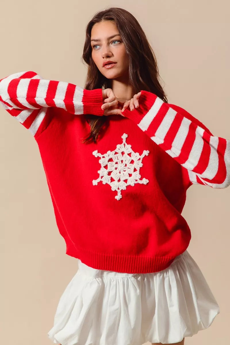 RED IVORY SO ME Christmas Snowflake Crochet Embellished Sweater | Sweaters Daverri Fashions