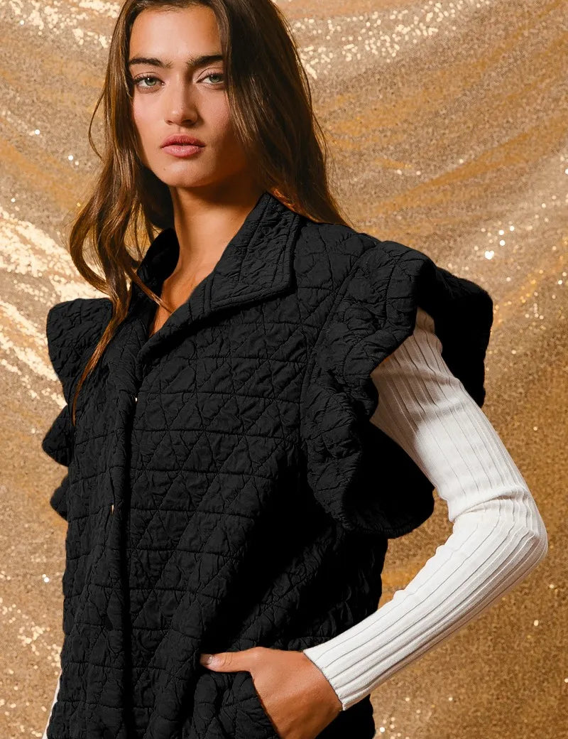 BLACK BiBi Quilting Knit Ruffle Sleeve Vest | Vests Daverri Fashions