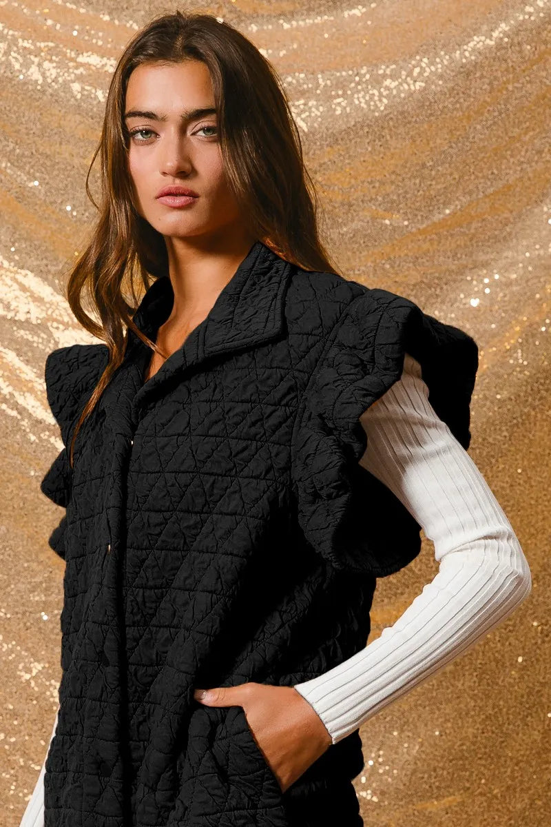 BLACK BiBi Quilting Knit Ruffle Sleeve Vest | Vests Daverri Fashions