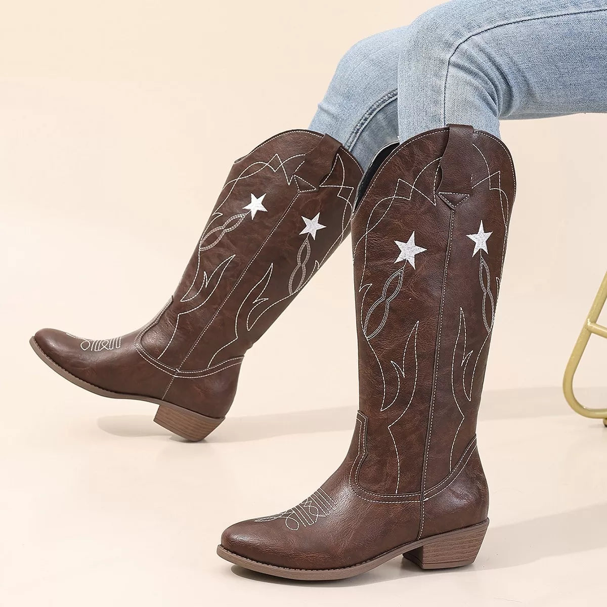 Coffee Color Western Star Embroidered Cowboy Boots | Boots Daverri Fashions