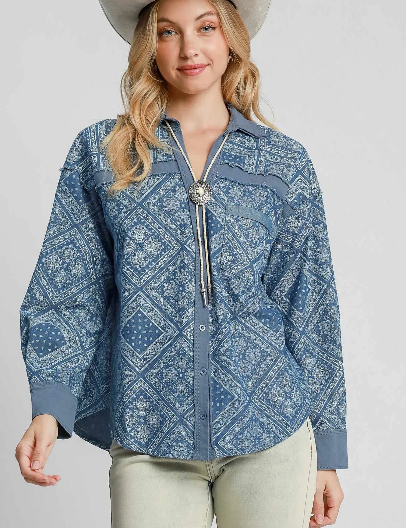 LT. DENIM Umgee Paisley Print Denim Shirt Jacket | Shackets Daverri Fashions