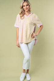 Striped Short Sleeve Drawstring Hooded Top | Tops Daverri Fashions