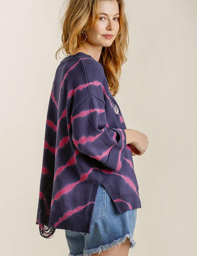 Umgee Tie Dye Side Slit Round Neck Distressed Detail Sweater | Sweaters Daverri Fashions
