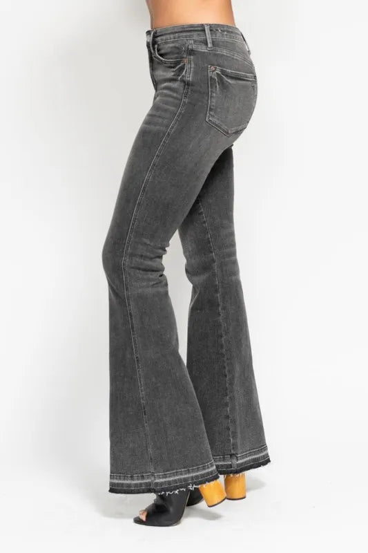 Judy Blue Full Size Mid Rise Tummy Control Washed Gray Release Hem Flare Jeans Plus Size | Daverri Fashions