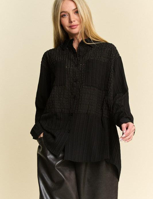 Black Davi & Dani Crinkled Jacquard Button Down Shirt | Tops Daverri Fashions