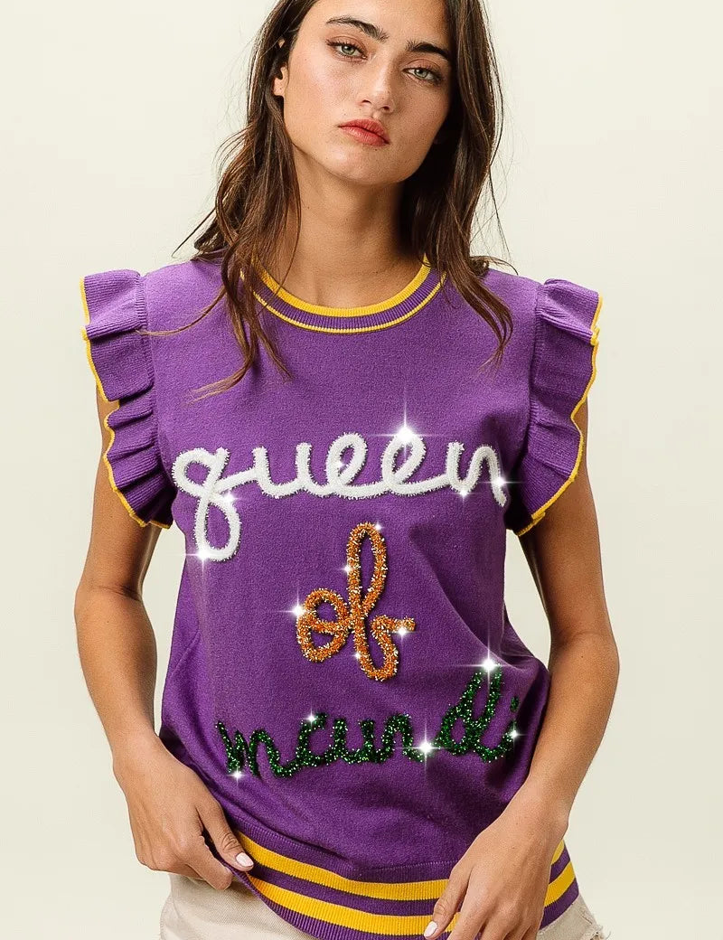 PURPLE BiBi Queen Of Mardi Ruffled Armhole Sleeveless Knit Top | Knit Tops Daverri Fashions