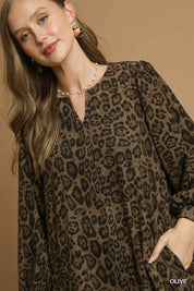 Umgee Leopard Print Long Sleeve Swing Dress | Mini Dresses Daverri Fashions