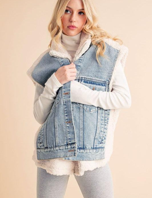 Aemi + Co Denim Patch Sherpa Vest Coat | Jackets Daverri Fashions