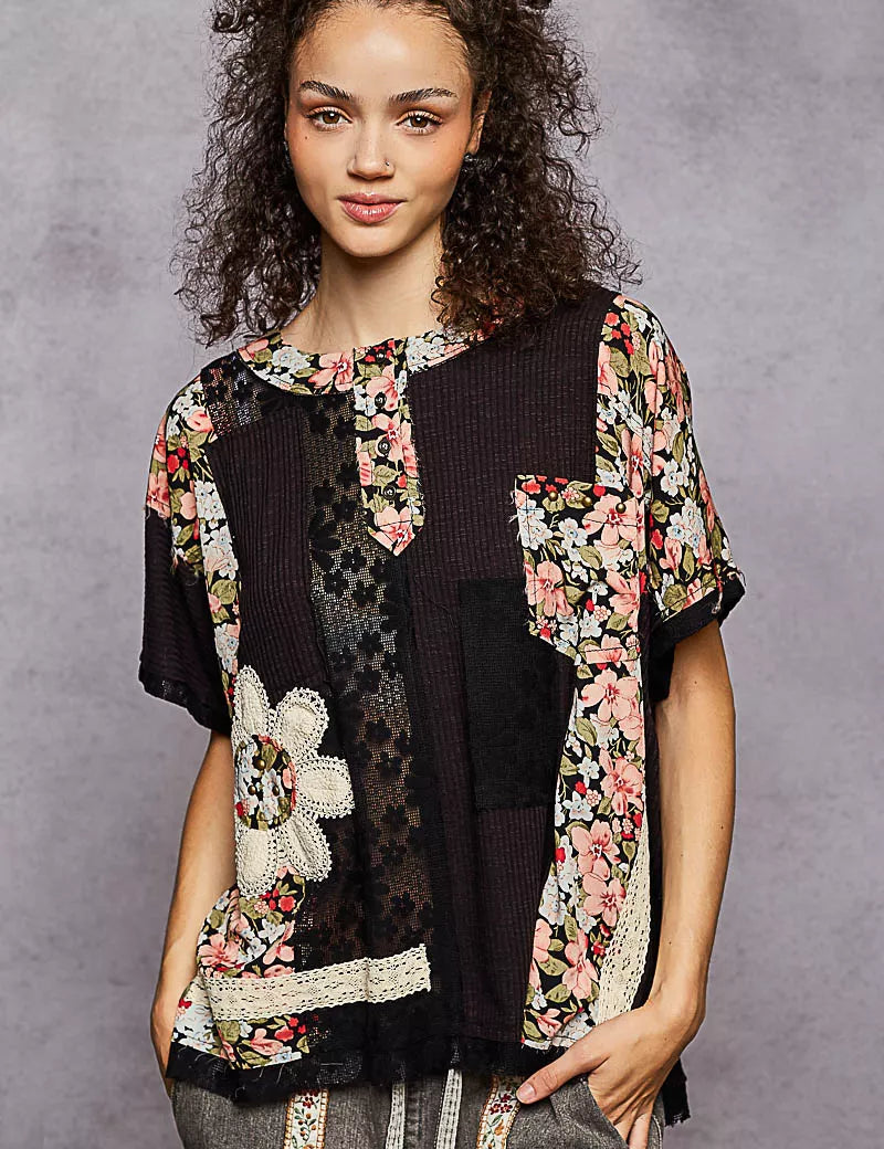 Black POL Lace Round Neck Short Sleeve Floral Pattern Top with Patch Detail | Blouses Daverri Fashions