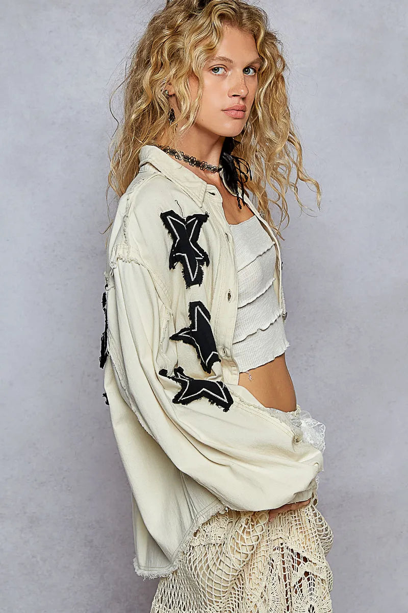 POL Star Patch Raw Hem Button Up Denim Jacket | Denim Jackets Daverri Fashions