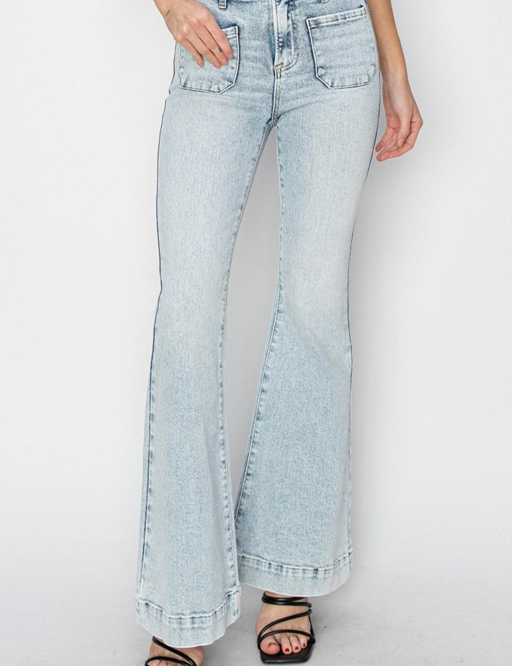 Acid Light High Rise Front Patch Pocket Flare Jeans | Jeans Daverri Fashions