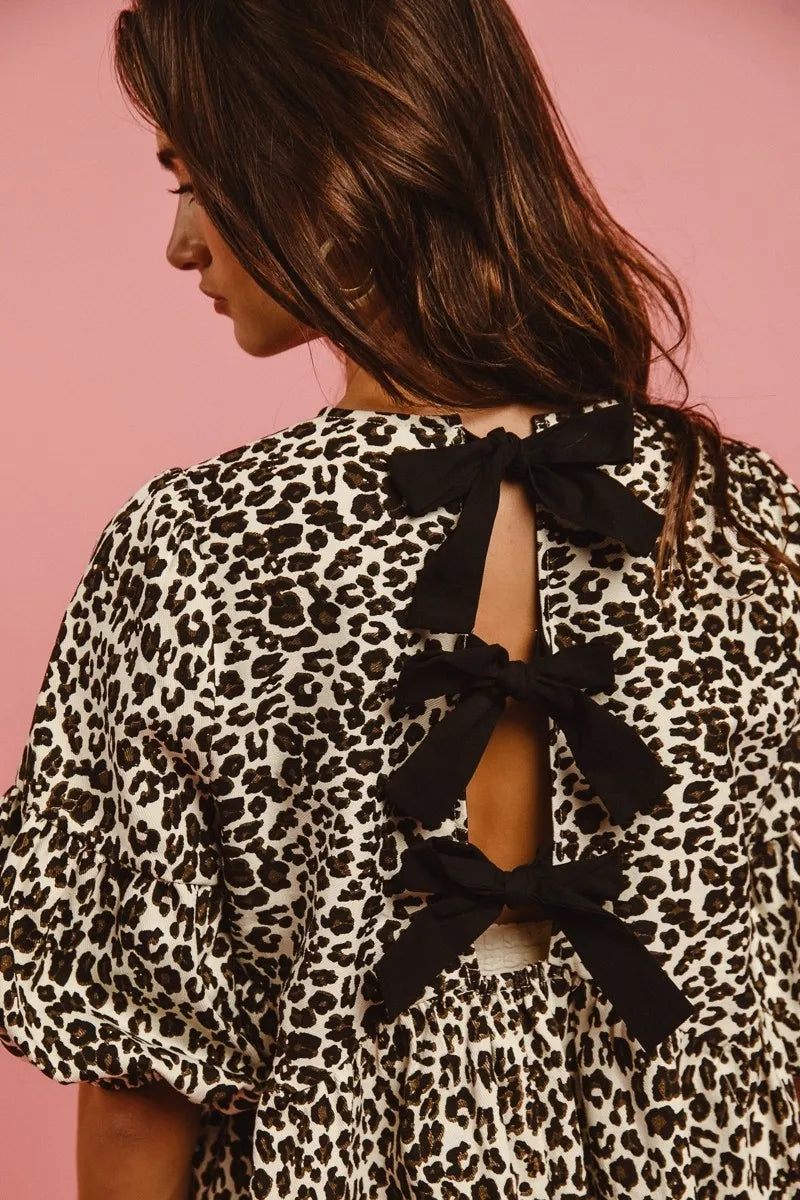 BiBi Leopard Denim Dress With Back Contrast Tie Detail | Daverri Fashions