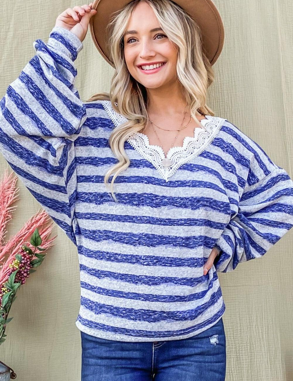 BLUE And The Why Striped Lace Detail V Neck Top | Tops Daverri Fashions