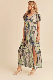 Aemi + Co Lace Detail Slit Geometric Print Short Sleeve Maxi Dress | Daverri Fashions