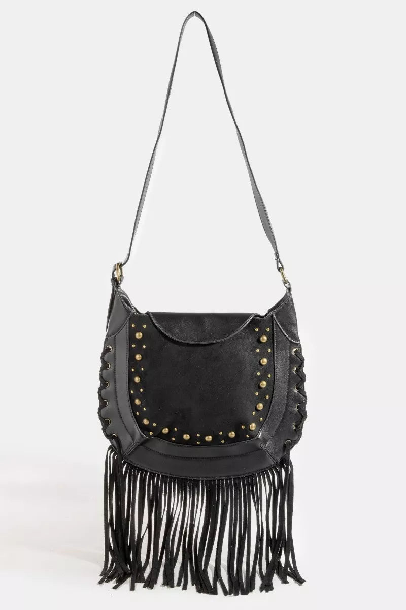 BK one size Fame Rivet Trim Suede Fringe Shoulder Bag | Handbags Daverri Fashions