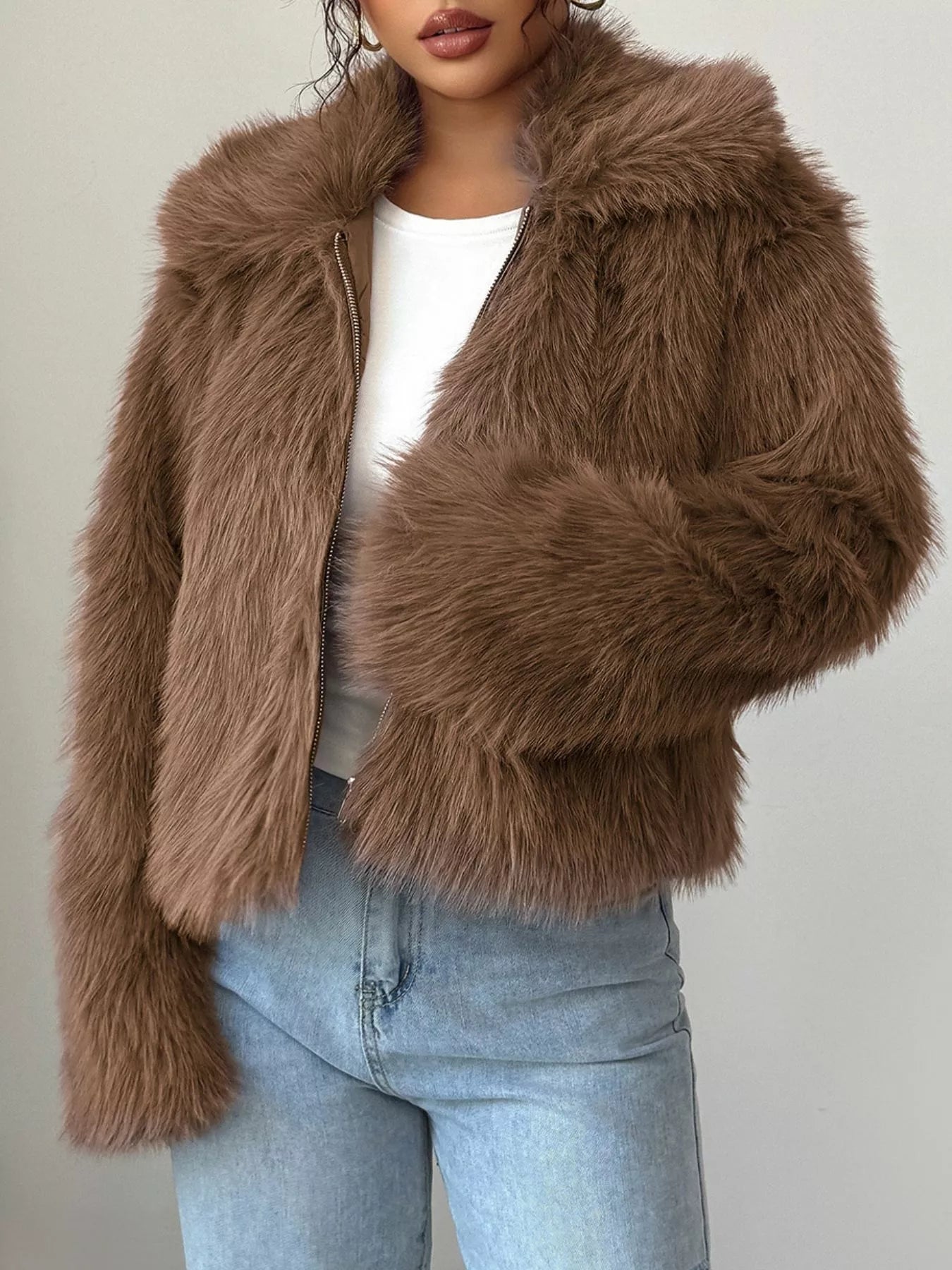 Brown Fuzzy Zip Up Cropped Jacket | Jackets Daverri Fashions