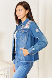 Baeful Leopard Floral Distressed Raw Hem Denim Jacket | Jackets Daverri Fashions