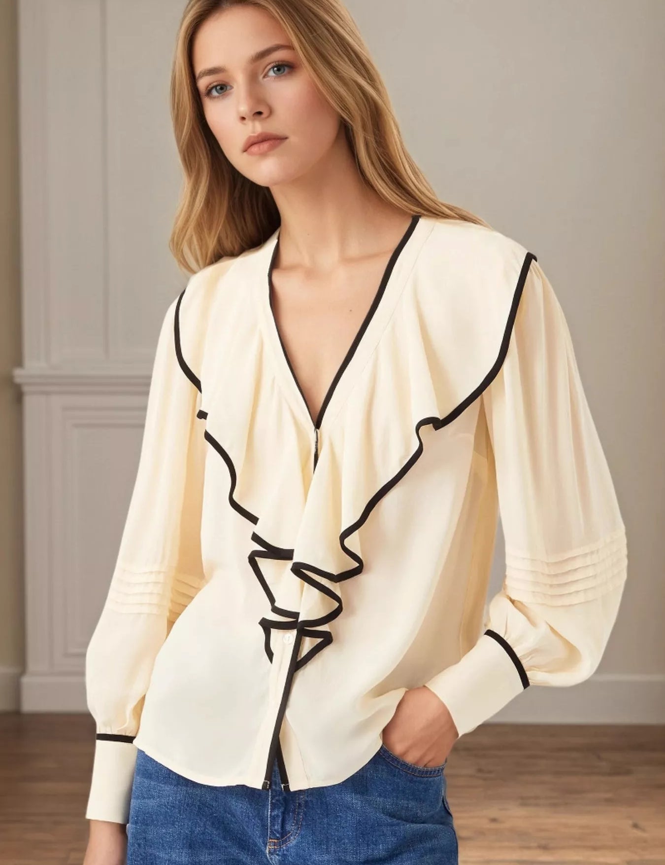 Cream Ruffled Long Sleeve Blouse | Blouses Daverri Fashions