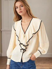 Cream Ruffled Long Sleeve Blouse | Blouses Daverri Fashions