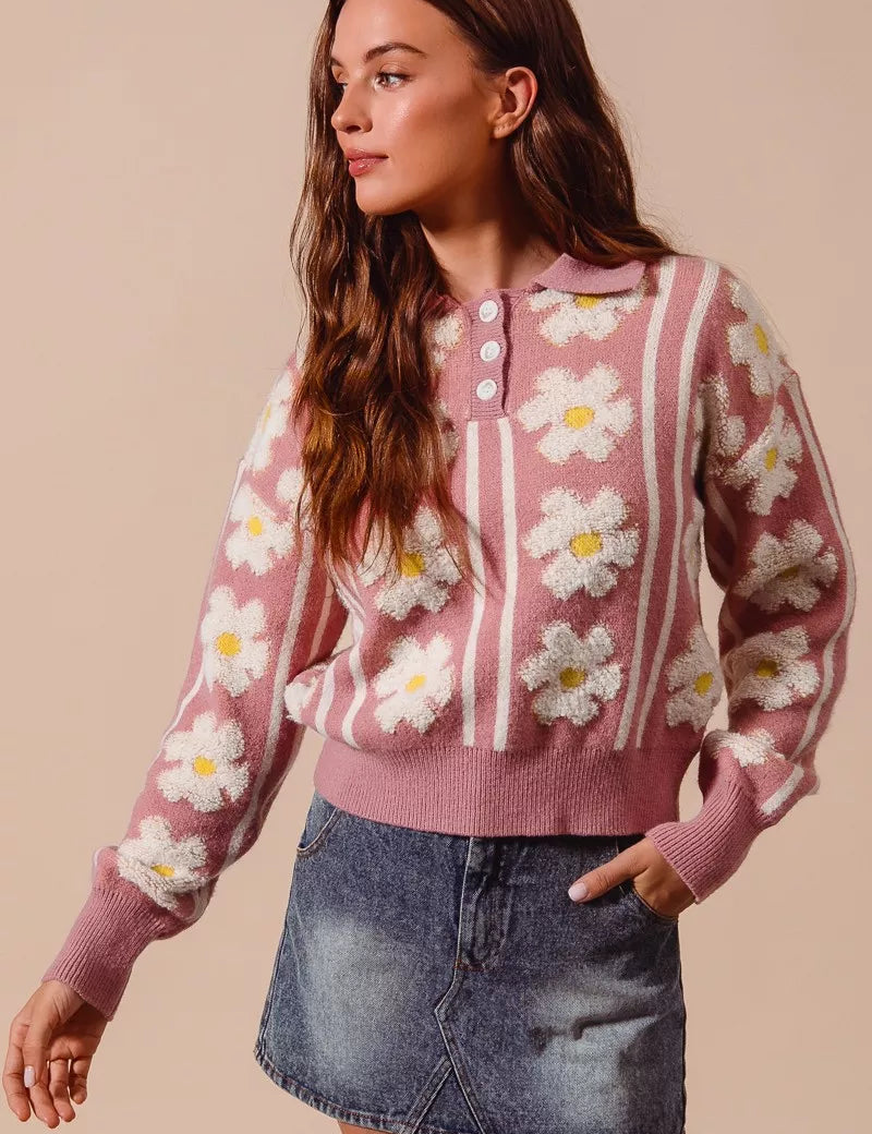 SO ME Floral Stripe Polo Collar Sweater | Sweaters Daverri Fashions