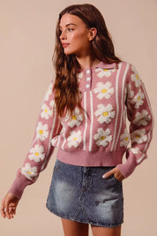 SO ME Floral Stripe Polo Collar Sweater | Sweaters Daverri Fashions