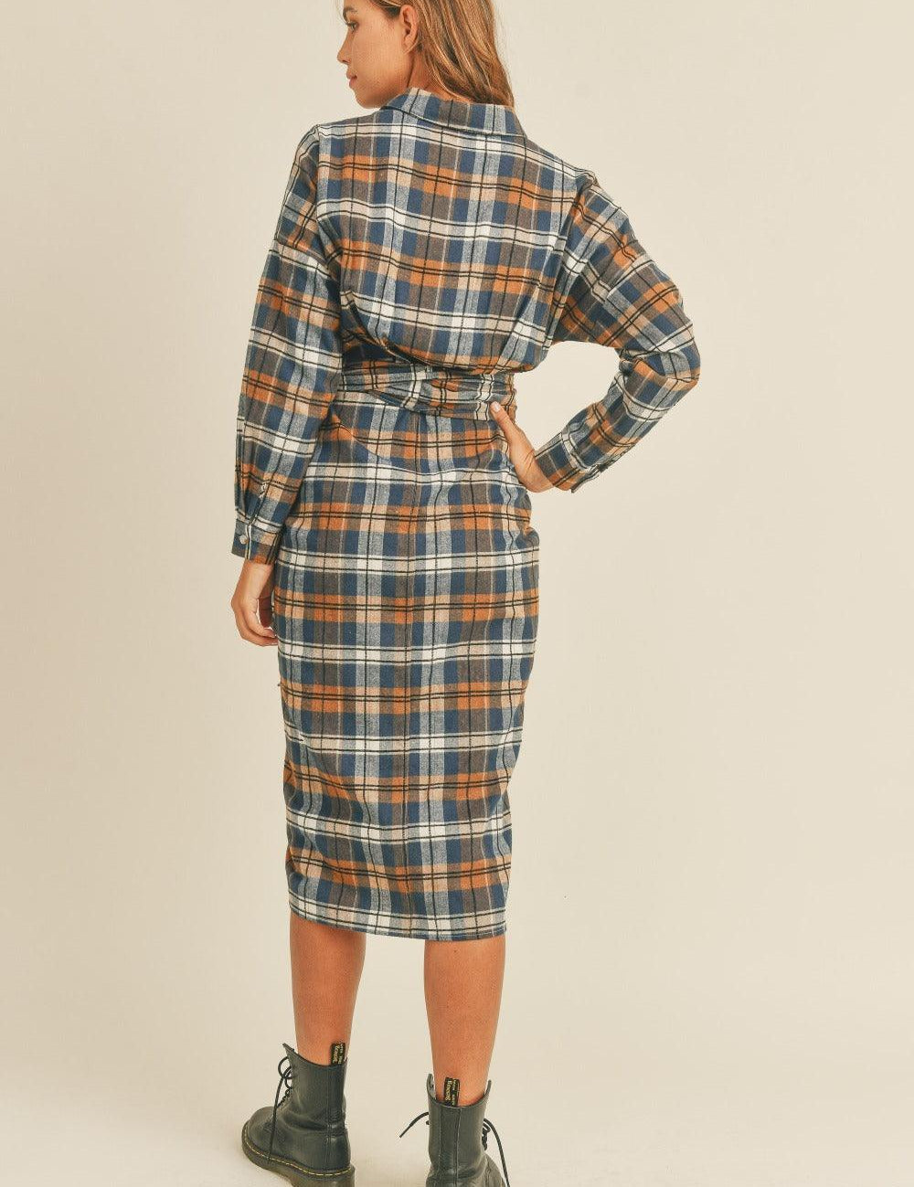 Mable Plaid Flannel Front Tie Button Down Shirt Dress | Midi Dresses Daverri Fashions