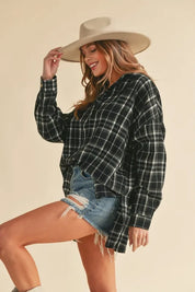 Aemi + Co Side Slit High-Low Plaid Long Sleeve Polo Shirt | Daverri Fashions