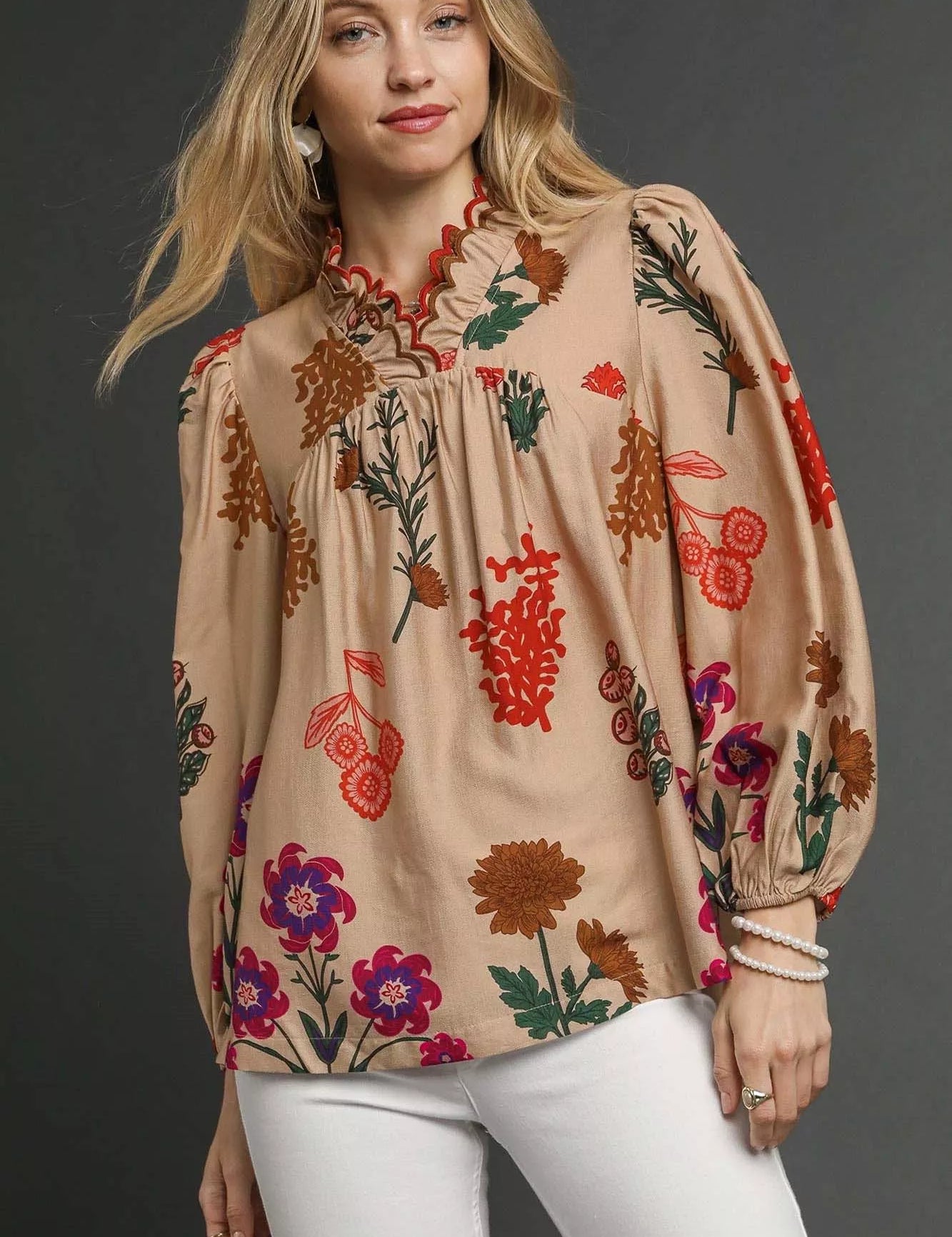 TAN MIX Umgee Flower Print Blouse with Scalloped Neckline | Daverri Fashions