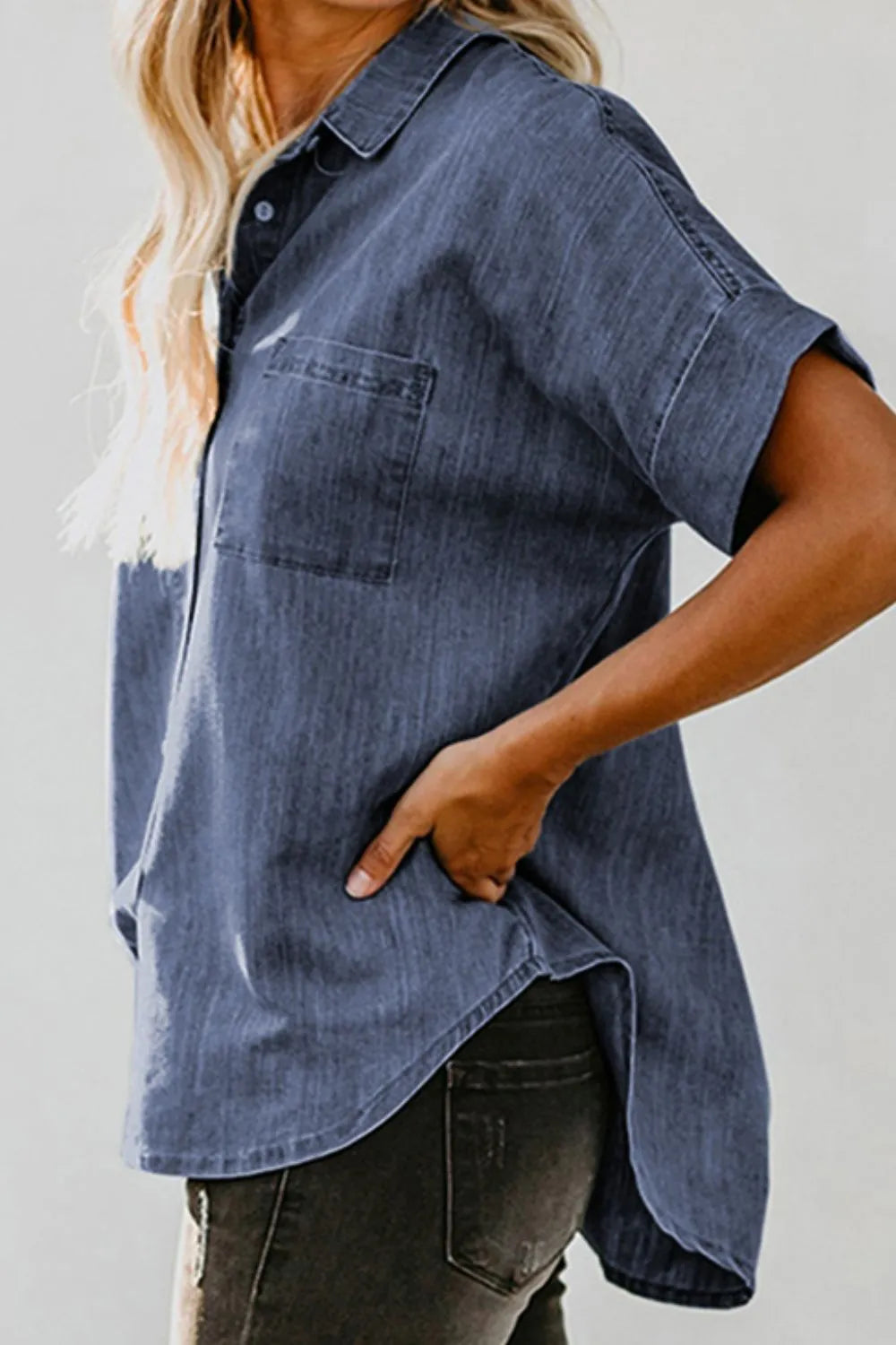 Pocketed Button Up Short Sleeve Denim Shirt | Shirts Daverri Fashions