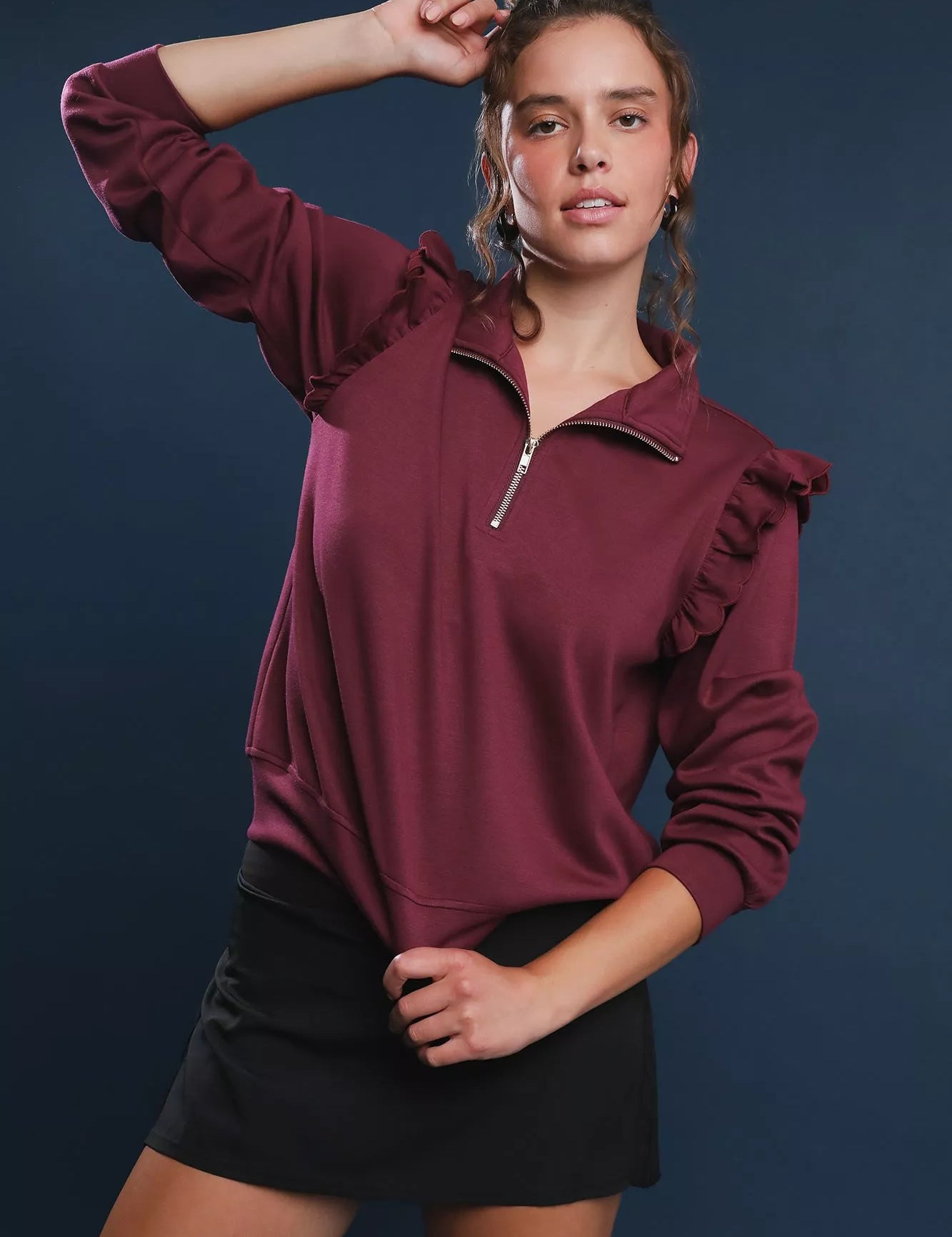 BURGUNDY Umgee Luxeknit Ruffle Shoulder Quarter-Zip Sweatshirt | Sweatshirts Daverri Fashions