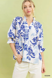 OCEAN Umgee Leafy Damask Print Blouse with Contrast Scalloped Trim Detail | Blouses Daverri Fashions