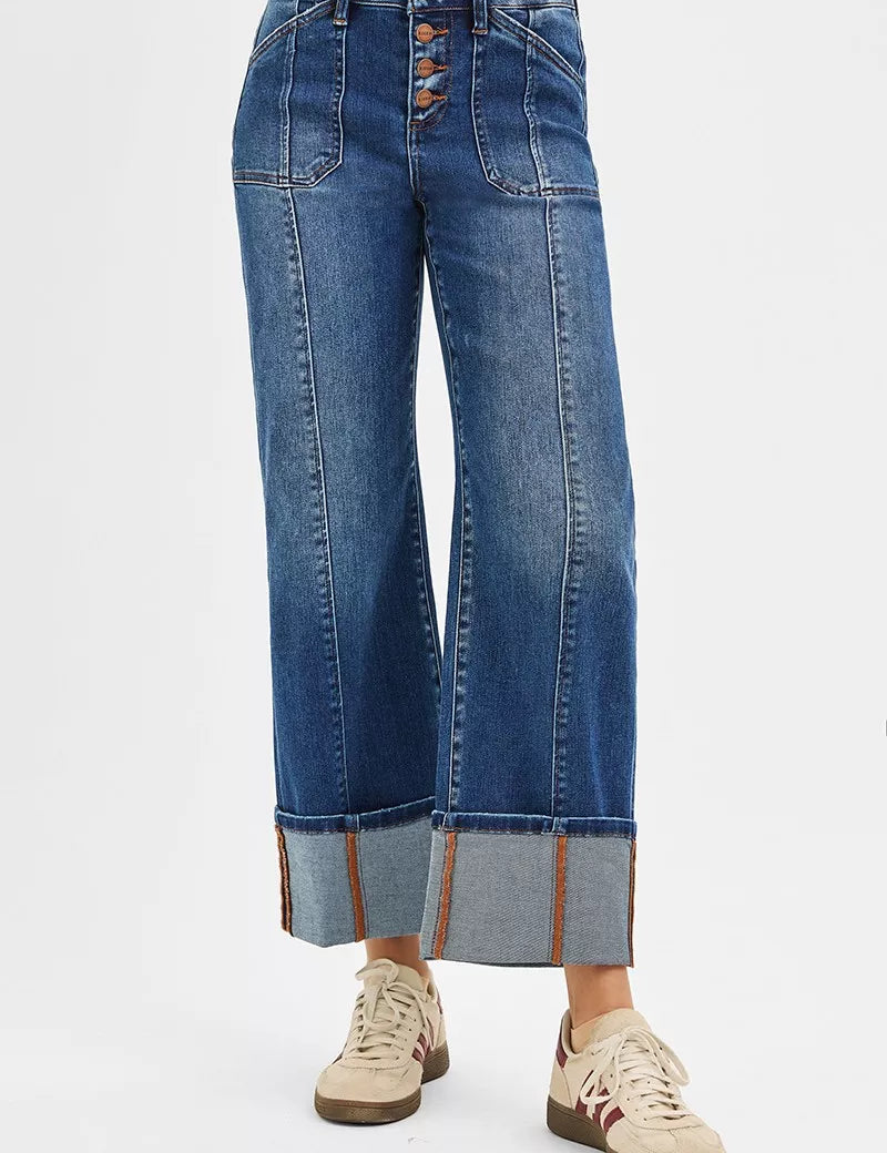 RISEN Full Size High Rise Crop Wide Straight Cuffed Jeans Plus Size | Jeans Daverri Fashions