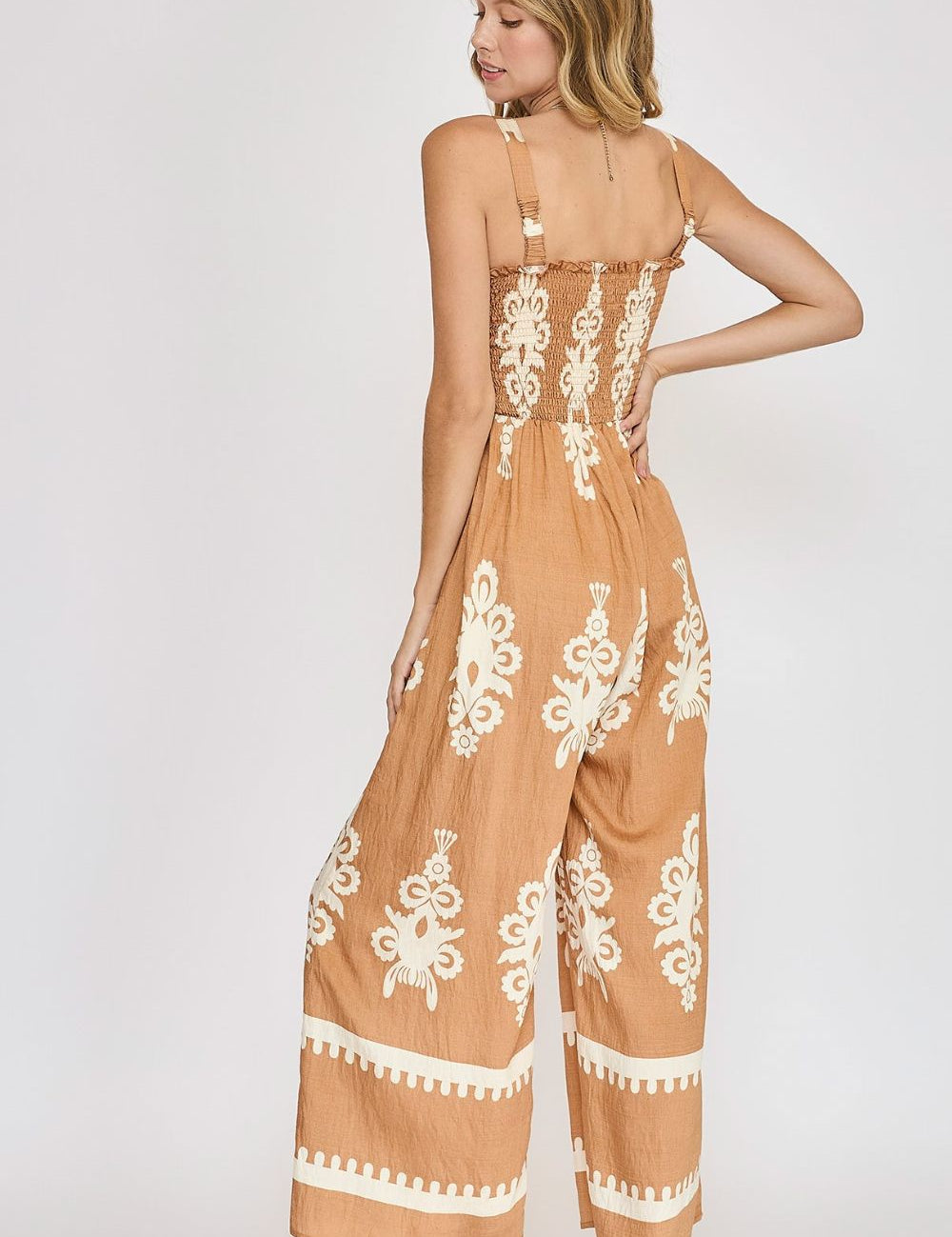 Umgee Full Size Smocked Printed Wide Leg Jumpsuit Plus Size | Jumpsuits Daverri Fashions